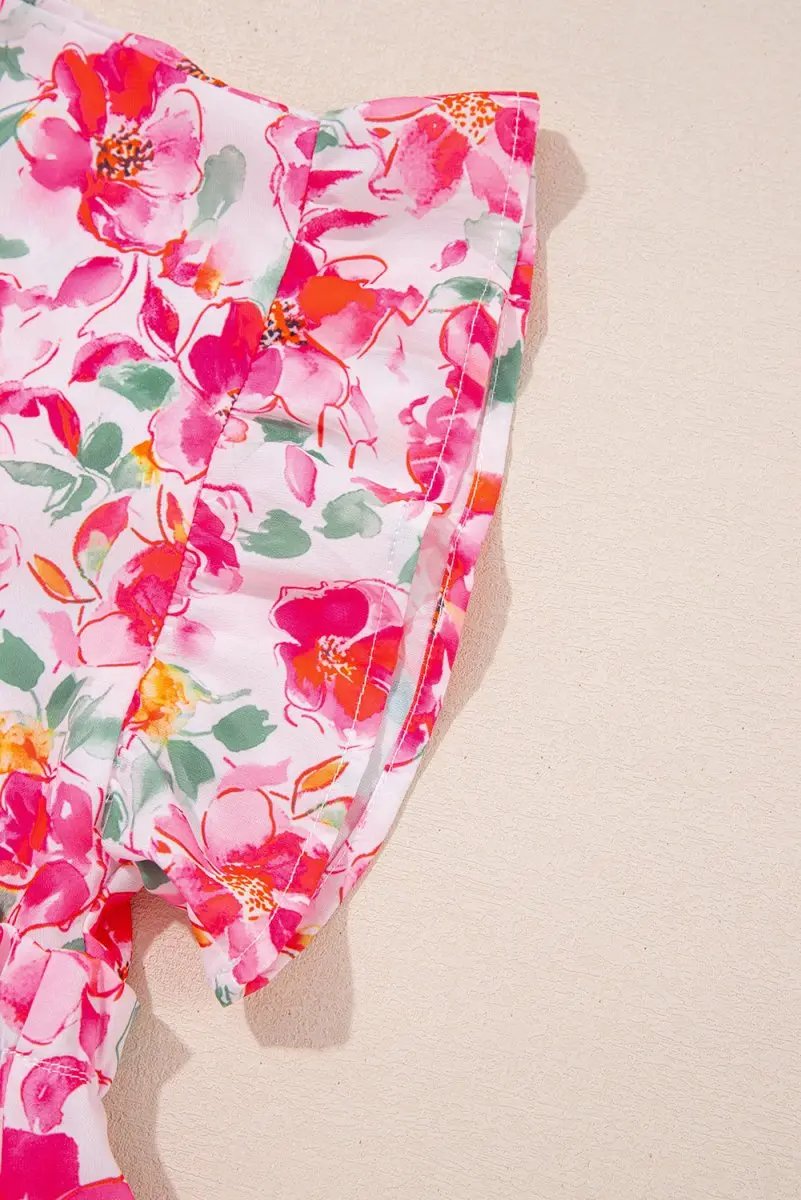 Pink Floral Boxy Fit Ruffled Short Sleeve V Neck Blouse - Love Salve